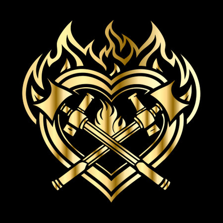 Crossed axes and heart with flame on black background. Vector illustration.のイラスト素材