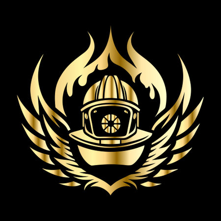 Firefighter helmet emblem with fire flame and wings vector illustration isolated on black background.のイラスト素材