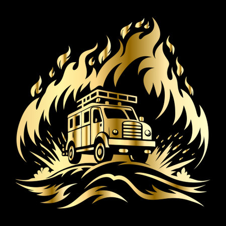 Fire truck on fire, vector illustration on black background. Firefighting.のイラスト素材