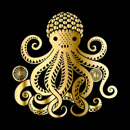 Vector illustration of a stylized octopus, isolated on black background.のイラスト素材