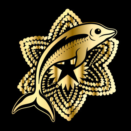 Gold fish with starfish on a black background. Vector illustration.のイラスト素材