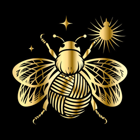 Honey bee. Golden emblem on black background. Vector illustration.のイラスト素材