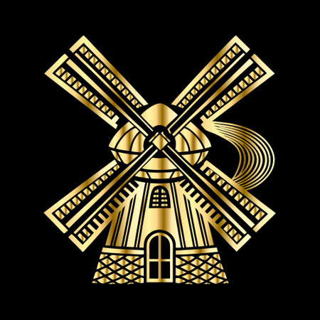 Windmill golden emblem. Vintage windmill logo. Windmill logotype.のイラスト素材