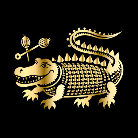 Crocodile gold emblem on black background. Vector illustration.のイラスト素材