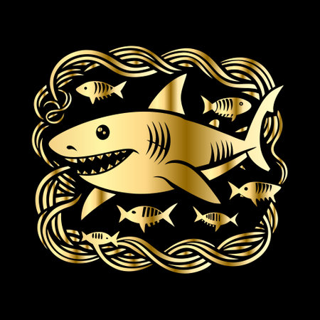 Shark and fish. Vector illustration on a black background. Design element.のイラスト素材