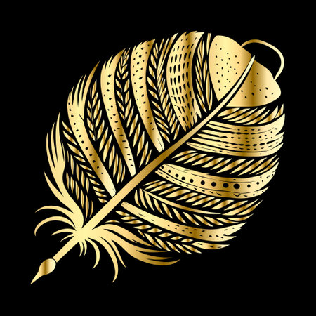Feather with gold pattern on a black background. Vector illustration.のイラスト素材