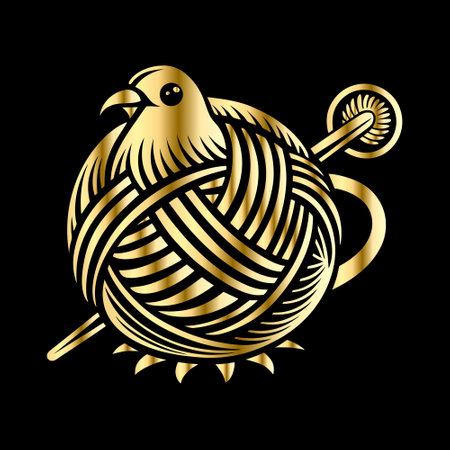 Golden bird with knitting needles and ball of yarn on black background.のイラスト素材