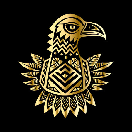 Tribal bird with gold ornament on black background. Vector illustration.のイラスト素材