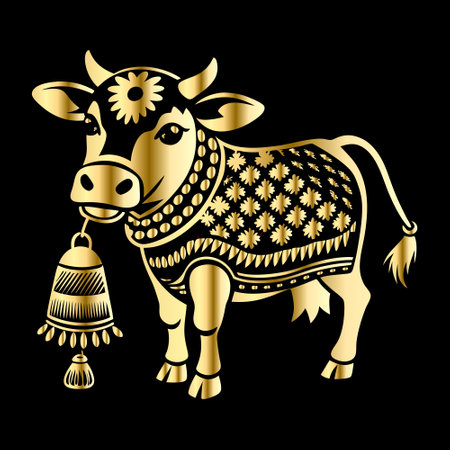 Illustration of a cow with a bell on a black background.のイラスト素材
