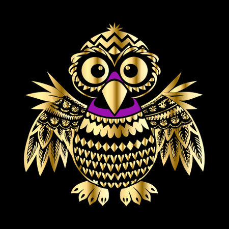 Owl with golden ornament on black background. Vector Illustration.のイラスト素材