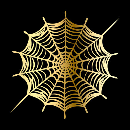 Golden spider web isolated on black background. Vector illustration for Halloween design.のイラスト素材