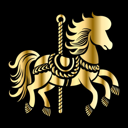 Vector image of a vintage carousel horse isolated on black background.のイラスト素材