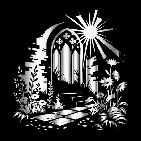 Garden with sun and flowers in black and white. Vector illustration.のイラスト素材