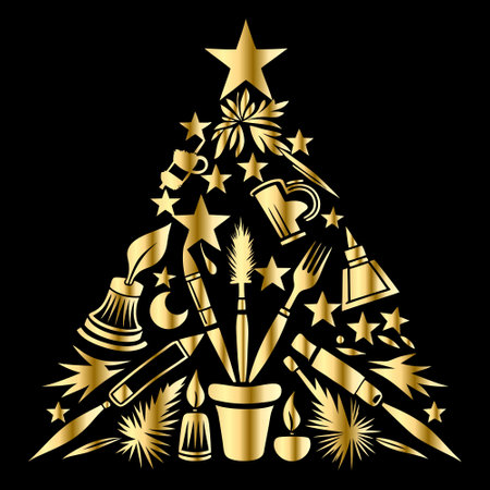 Christmas tree made of gold elements on black background. Vector illustration.のイラスト素材