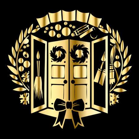 Golden door with laurel wreath on black background, vector illustrationのイラスト素材