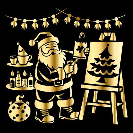 Santa Claus painting a Christmas tree on a black background. Vector illustration.のイラスト素材