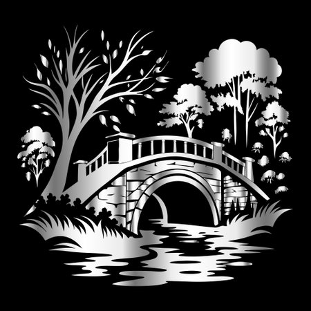 bridge over the river and trees on a black background, vector illustrationのイラスト素材