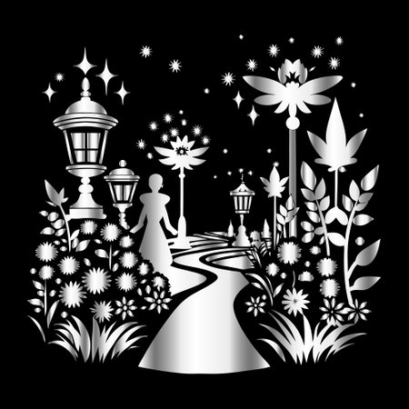Black and white illustration of a girl walking in the park with flowersのイラスト素材