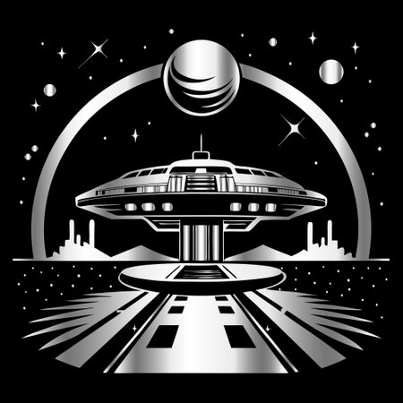 UFO flying over the city. Vector illustration on black background.のイラスト素材