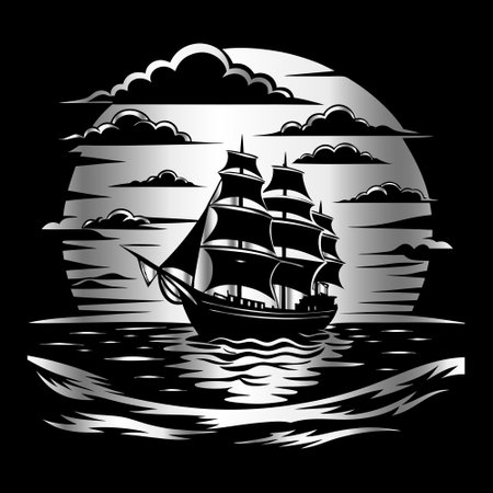 Vintage sailboat on the sea. Black and white vector illustration.のイラスト素材