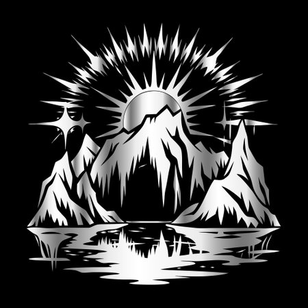 Mountains and the sun on a black background. Vector illustration.のイラスト素材