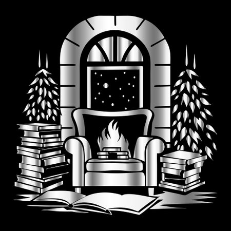 Illustration of a fireplace with books and a Christmas tree on a black backgroundのイラスト素材