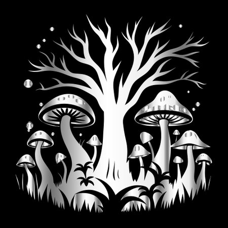 Mushroom tree and mushrooms on black background. Vector illustration.のイラスト素材