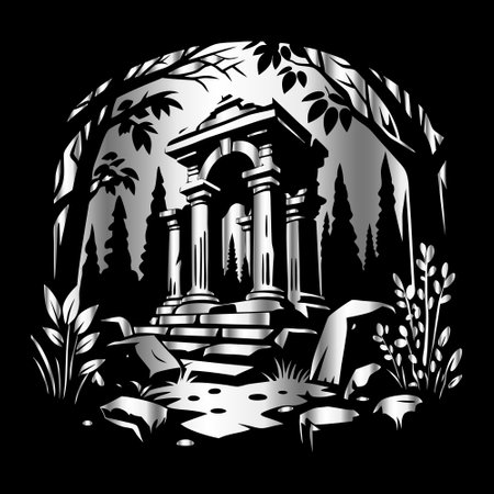 Ancient greece vector illustration with ancient temple and trees on black backgroundのイラスト素材