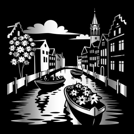vector illustration of a canal with boats and flowers in black and whiteのイラスト素材