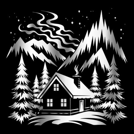 Winter landscape with a house in the mountains. Vector illustration on black background.のイラスト素材