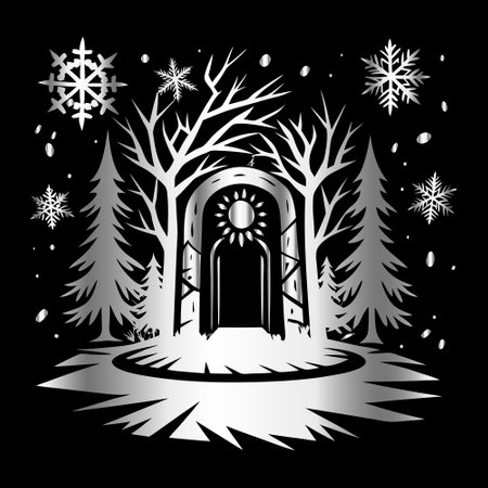 Gothic entrance with trees and snowflakes. Vector illustration.のイラスト素材