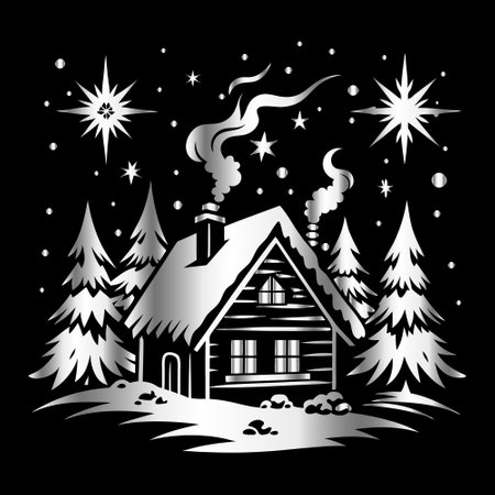 Vector illustration of a winter landscape with a house and snowflakesのイラスト素材