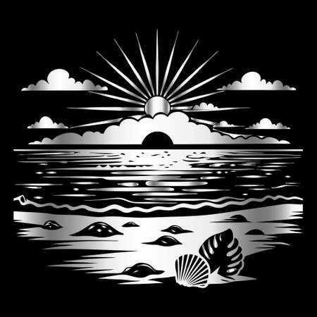 Vector illustration of a sea and the sun. Black and white.のイラスト素材