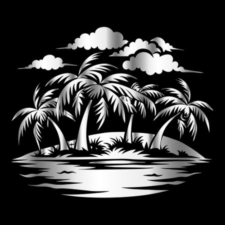 Palm tree on the island. Black and white vector illustration.のイラスト素材