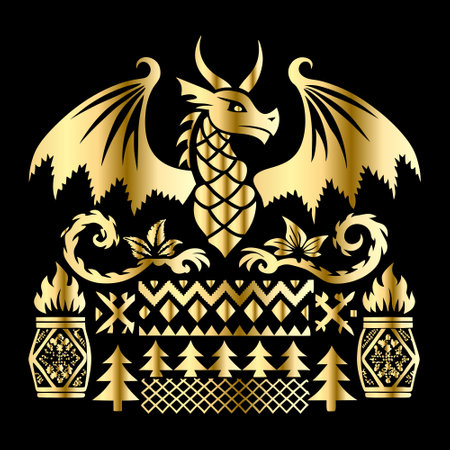 Golden dragon in ethnic style on a black background. Vector illustration.のイラスト素材