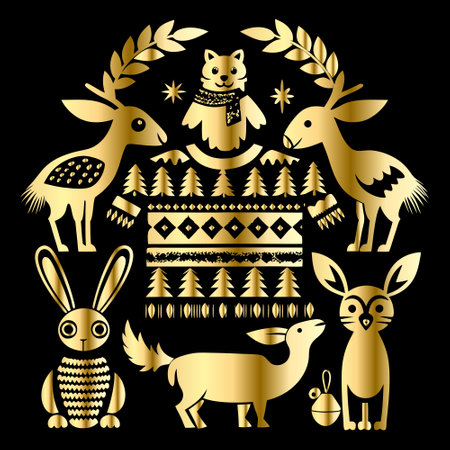 Vector set of wild animals in gold and silver colors on black backgroundのイラスト素材