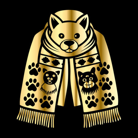 Vector illustration of a dog wearing a warm scarf on a black background.のイラスト素材
