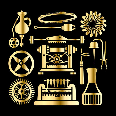 Set of vintage tools and mechanisms on black background. Vector illustration.のイラスト素材
