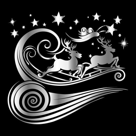 santa claus and reindeer on a black background with starsのイラスト素材