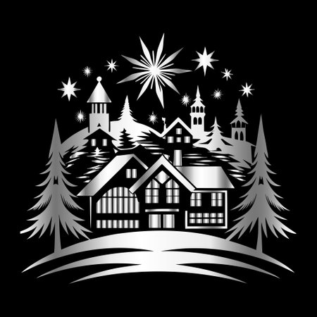 Christmas tree and houses on black background. Vector illustration for your design.のイラスト素材