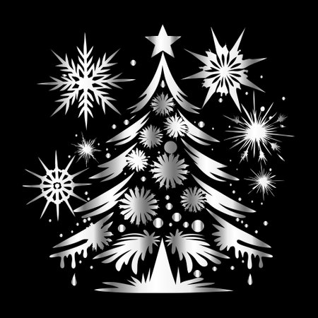 Christmas tree with snowflakes on a black background. Vector illustration.のイラスト素材
