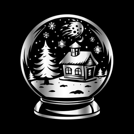 Snow globe with christmas tree and house. Vector illustration on black background.のイラスト素材