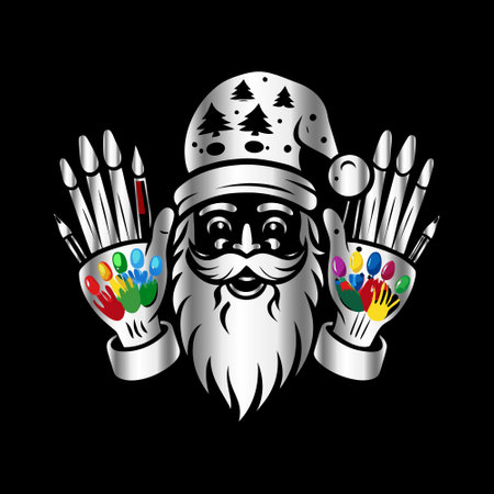 Hipster artist with brushes and paints. Vector illustration on black background.のイラスト素材