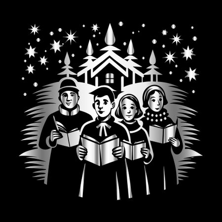 Christmas card with a group of people reading a book. Vector illustration.のイラスト素材