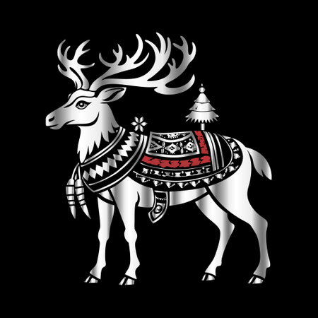 Deer with Christmas decoration on a black background. Vector illustration.のイラスト素材