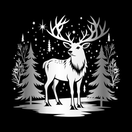 Deer in the forest. Black and white vector illustration for your designのイラスト素材