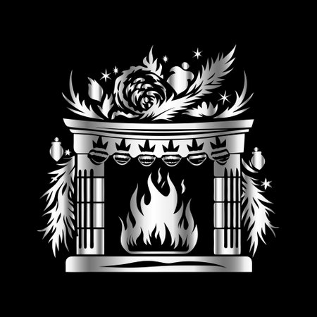 Fireplace with a rose on a black background. Vector illustration.のイラスト素材