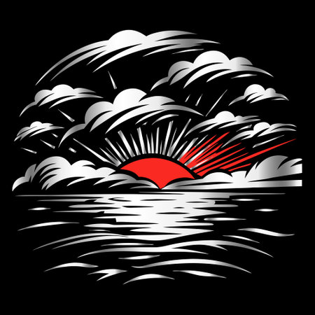 Vector illustration of the sun rising from the clouds on the water.のイラスト素材