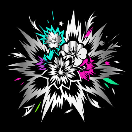 abstract vector illustration of flowers in the style of graffiti on a black backgroundのイラスト素材