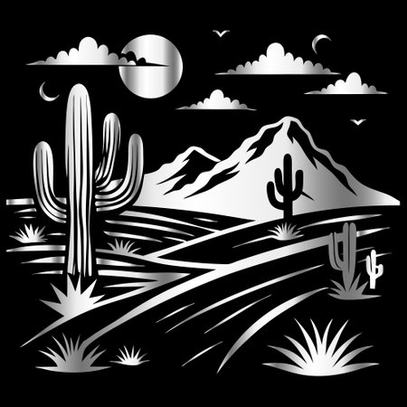 Deserts and cactuses in black and white illustration.のイラスト素材